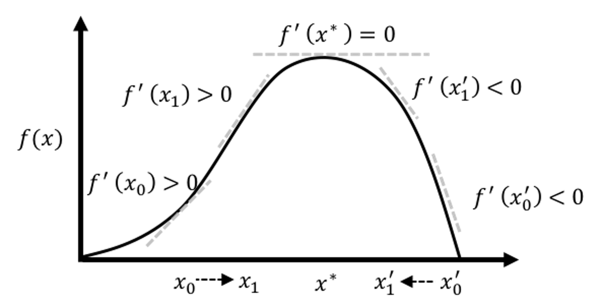 Illustration of the gradient-based optimization algorithms that include the Newton-Raphson algorithm as an example. An algorithm starts from an initial solution (e.g., $x_0$ and $x_0'$ are two examples of initial solutions in the figure), uses the gradient to find the **direction**, and moves the solution along that direction with the computed **step size**, until it finds the optimal solution $x^*$.