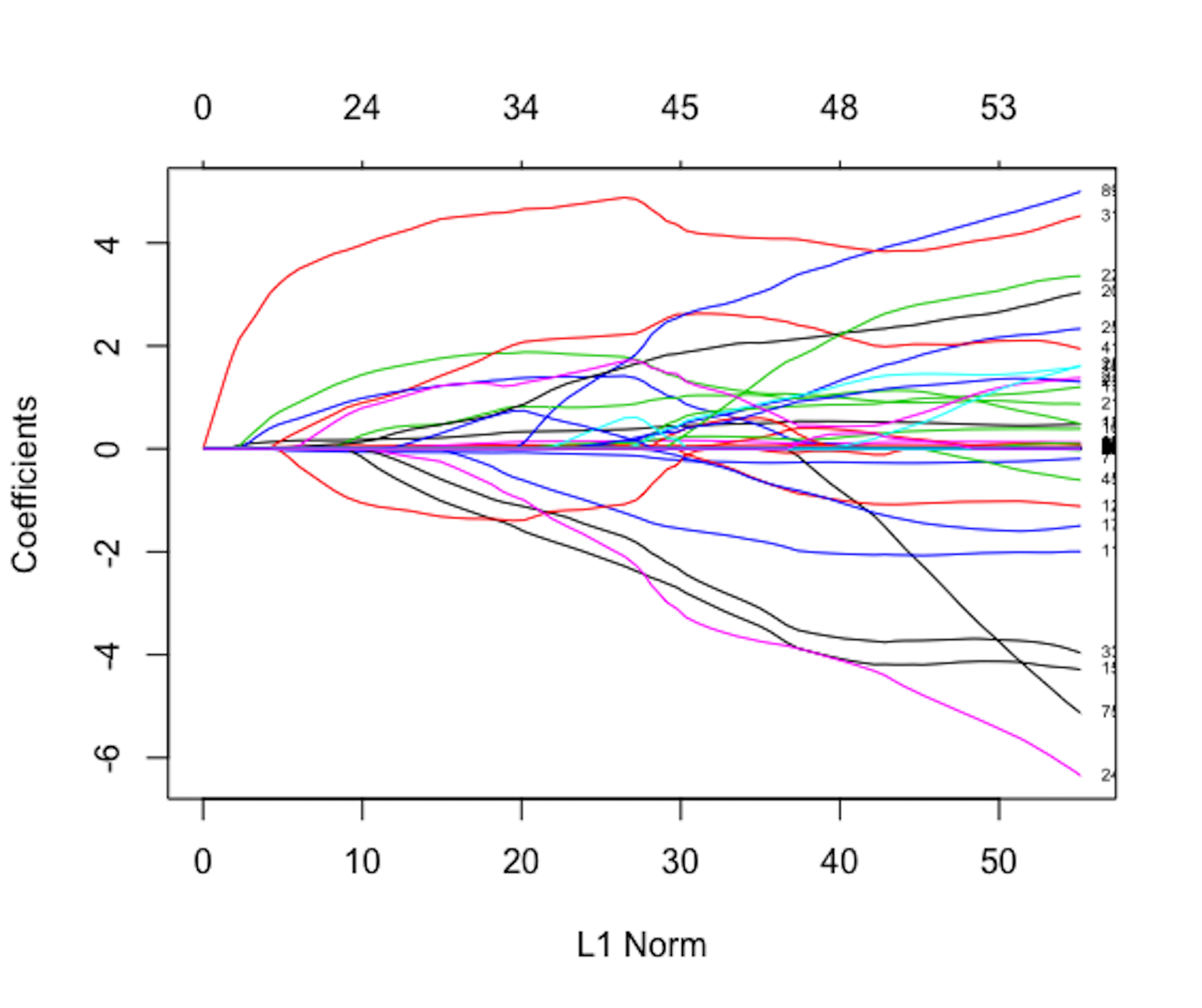 Path trajectory of the fitted regression parameters. The figure should be read from right to left (i.e., $\lambda$ from small to large). Variables that become zero later are stronger (i.e., since a larger $\lambda$ is needed to make them become $0$). The variables that quickly become zero are weak or insignificant variables. 